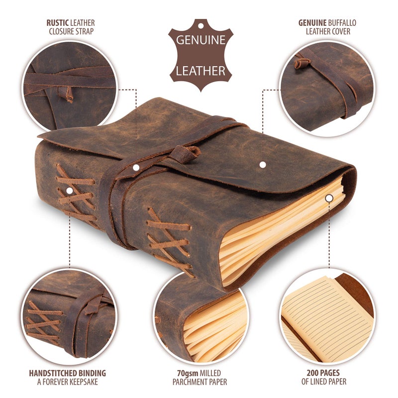 Moonster Leather Journal Lined Notebook Paper - MOONSTERÂ® Leather Bound Journals for Writing for Women & Men, 18x13cm Ruled Small Notebooks, Kraft Paper with 400 pages, Lined Paper College Ruled & Travel Size - Image 3